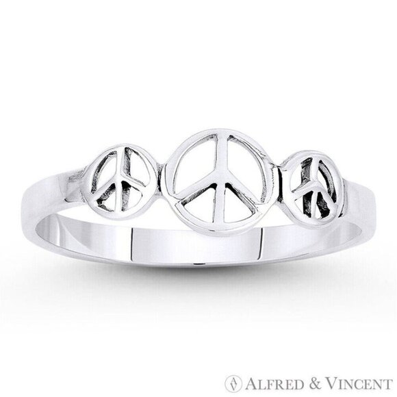 Triple Peace Sign Charm Ring in Oxidized .925 Sterling Silver - Size 9 - Picture 1 of 1